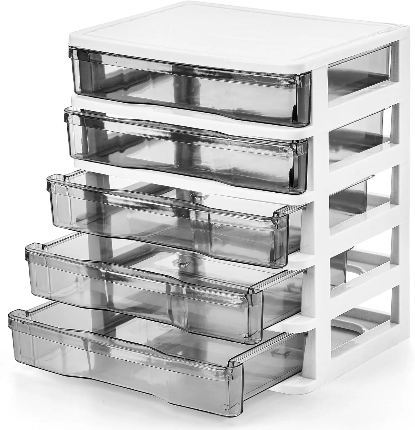 

Органайзер с 5 прозрачными пластиковыми ящиками, настольный контейнер для хранения с белой рамкой для рукоделия, канцелярских принадлежностей и аксессуаров