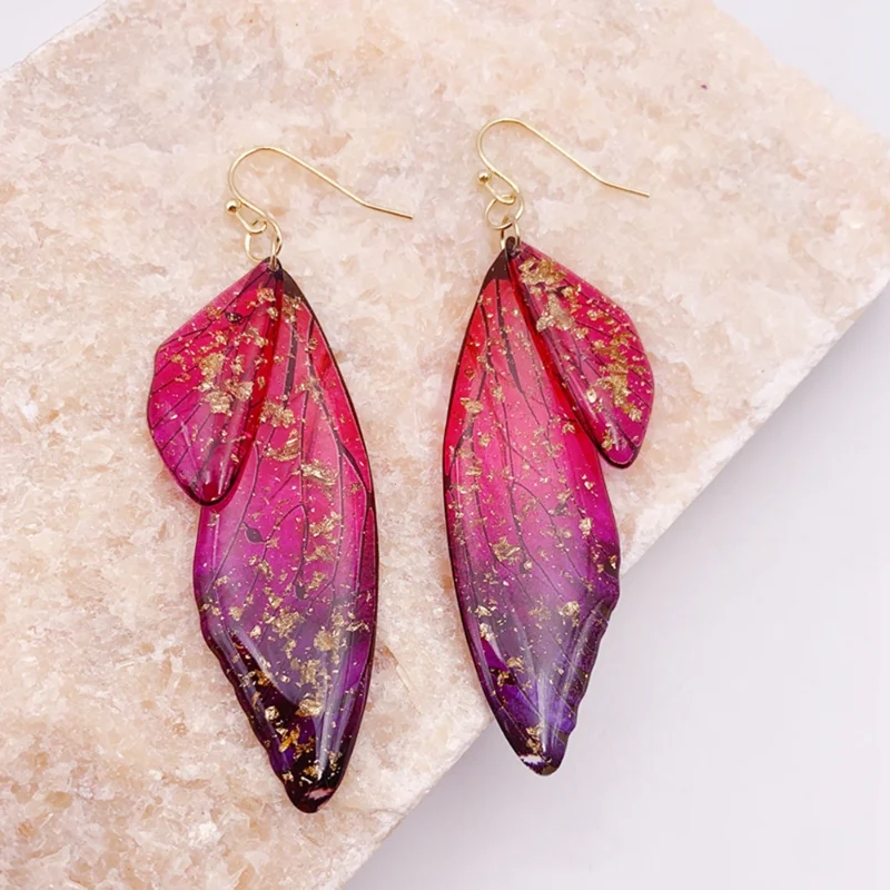 Minar Fantasy Rose Red Blue Green Color Resin Simulation Wings Long Drop Earrings for Women Rhinestone Flake Butterfly Earring
