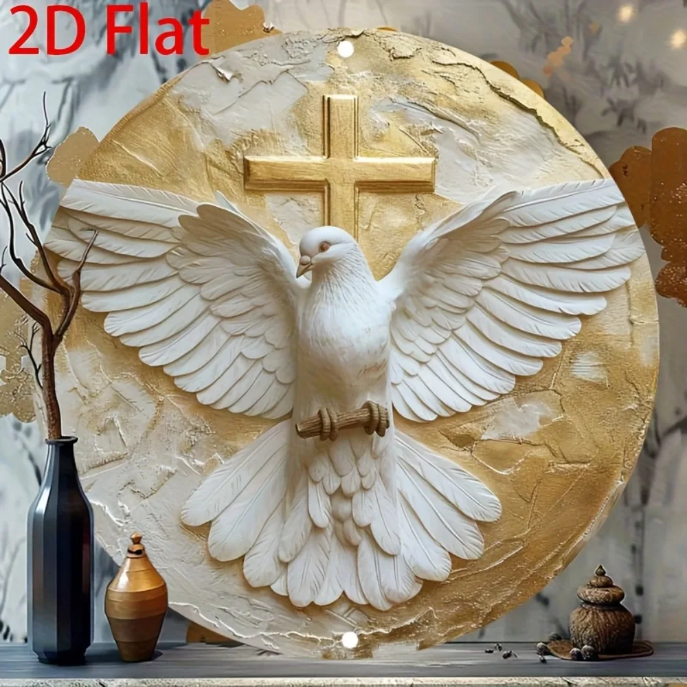 2D Flat Wooden Christian Wall Art Sign Round Religious Holy Spirit Dove Cross Vintage Metal Tin Decor for Home Church Living Roo