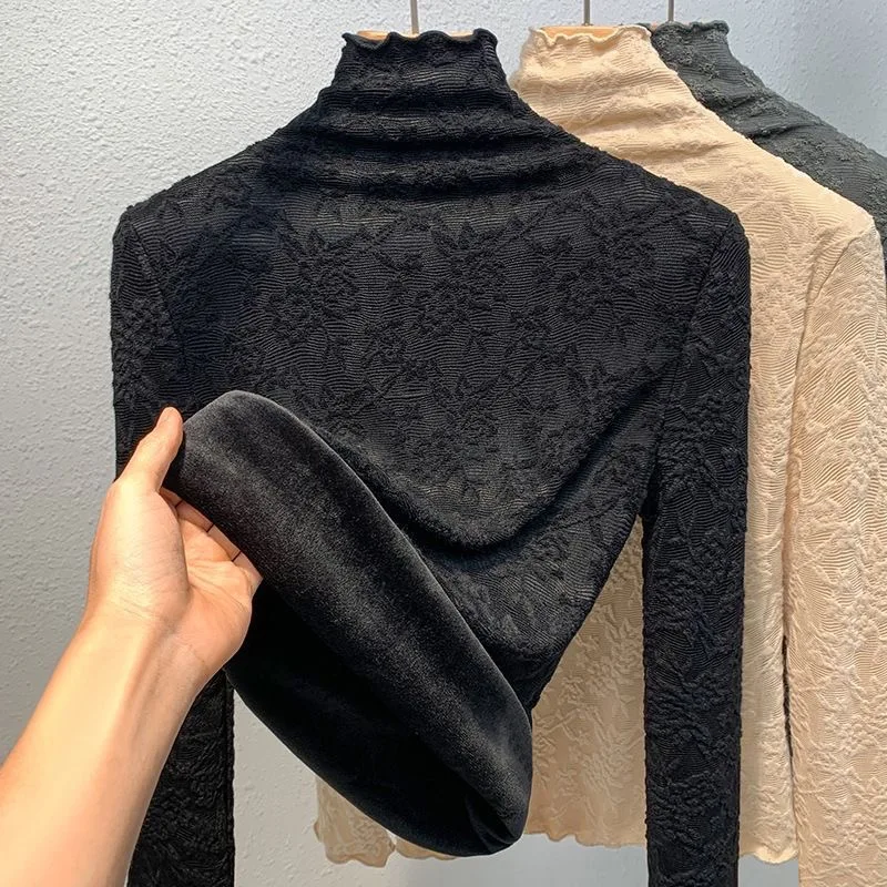 

Women's High Collar Fleece Lined Lace Hollow out Shirt Warm Inner Wear Anti Aging Gored Top Commute Style Slim Fit Long ...