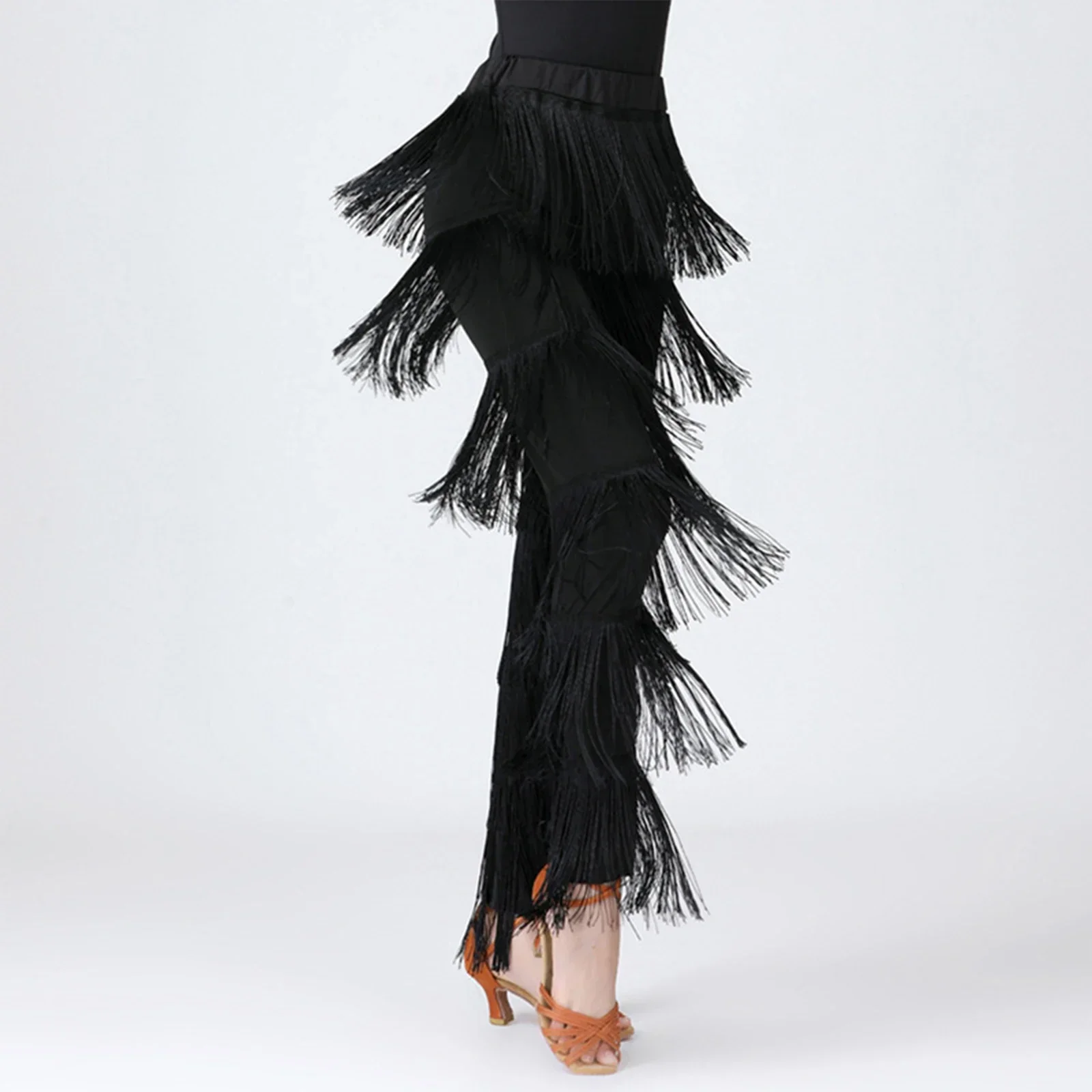 Women Fringe Latin Dance Pants Cha Cha Tango Dancing Performance Costume Elastic Waistband Tiered Samba Fringe Tassel Trousers