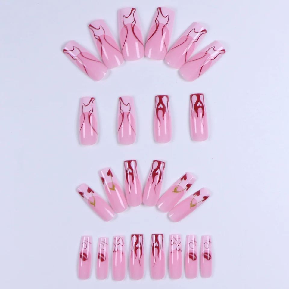 Set de 24 uñas postizas medianas cuadradas rojas francesas, cubierta completa, con diseño de amor, regalo para chicas, madres y mujeres. 2