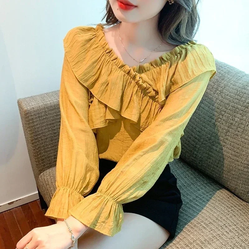 French Style V-neck Ruffled Shirt for Women Sweet Long Puff Sleeve Tops Office Lady Yellow Blouse Casual Loose Clothes 29633