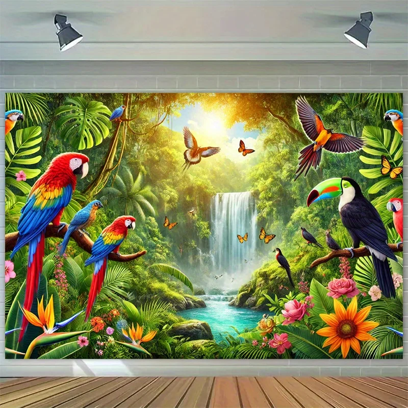 1 Stück Papageien-Party-Hintergrund, Polyester-Banner – tropischer Fotografie-Hintergrund mit üppigen Blättern, Urlaubs- und Studio-Dekoration