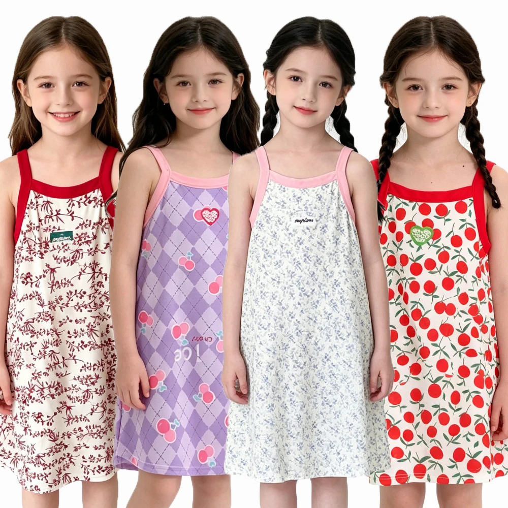 

Girls Cute Floral Print Suspender Dress Soft Breathable Sleevelesss Summer Casual Nightdress Toddler to Teenage Dresses Homewear
