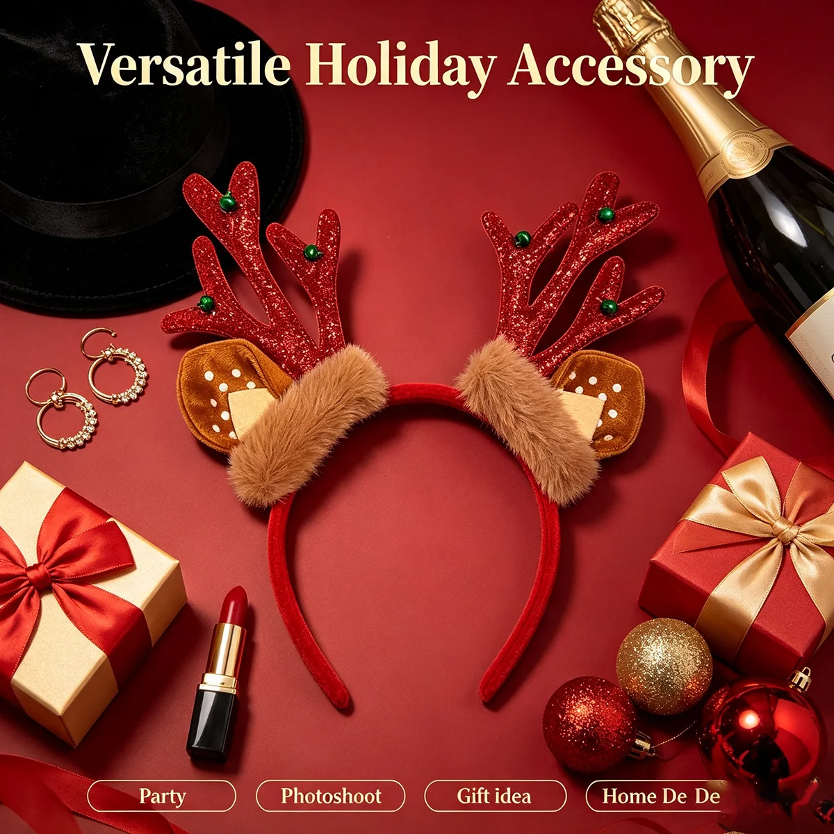 Reindeer Antlers Headband - 赤いグリッタートナカイの角のヘッドバンド、ぬいぐるみの鹿の耳と緑のベル付き、快適で滑りにくいクリスマスコスチュームヘアアクセサリー。