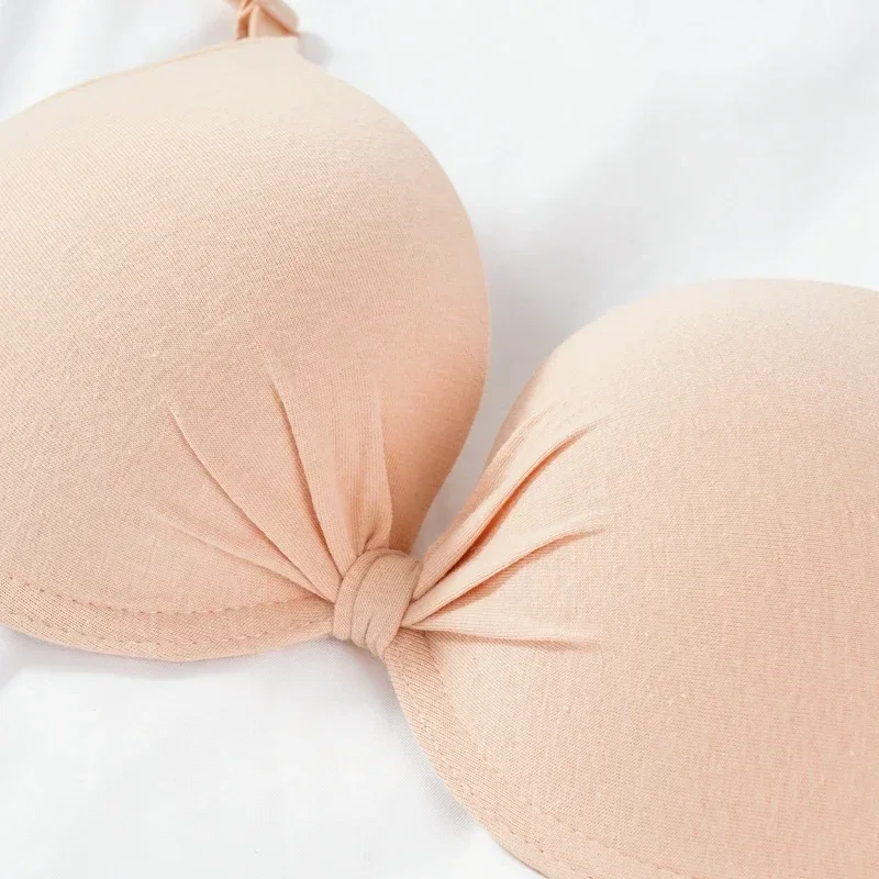 Sexy Push-up-BH mit tiefem V-Ausschnitt, aus Baumwolle, mit gerafftem Stoff, gepolstert, einfarbig, mit offenem Rücken und Bügel, verführerische Damenunterwäsche. – Detail 7