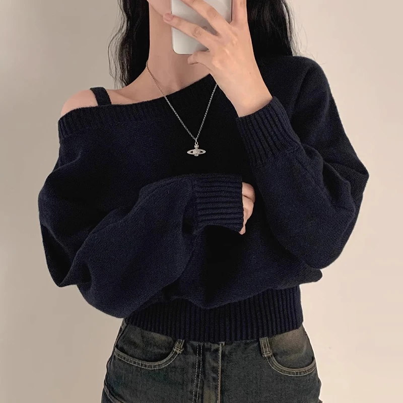 Gaganight Women Korean Chic Slanted Neck Soft Solid Color Sweater 2024 New Long Sleeved Off Shoulder Suspender Knitted Sweater