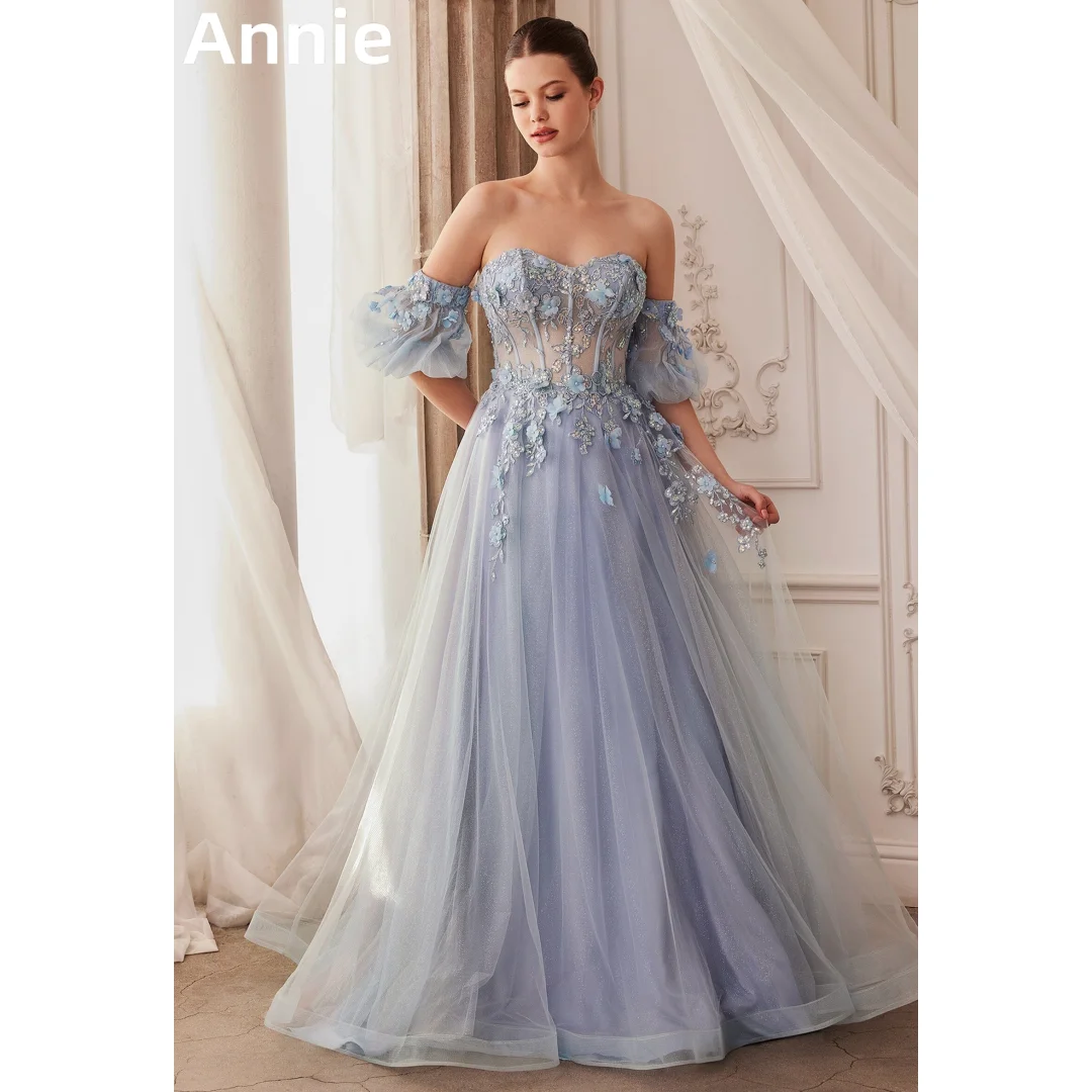 

Annie Embroidered 3D Applique Prom Dresses Glitter Tulle Evening Dresses Beaded Side Slit Wedding Party Dress Vestidos De Noche