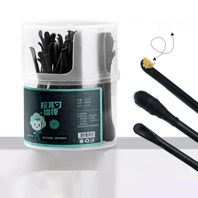 100นับ2 In 1 Swabs ฝ้ายสีดำ/สีฟ้า/สีชมพูพลาสติก Stick,double Tipped หู Sticks Ear Wax Removal เครื่องมือสำหรับทำความสะอาดหู