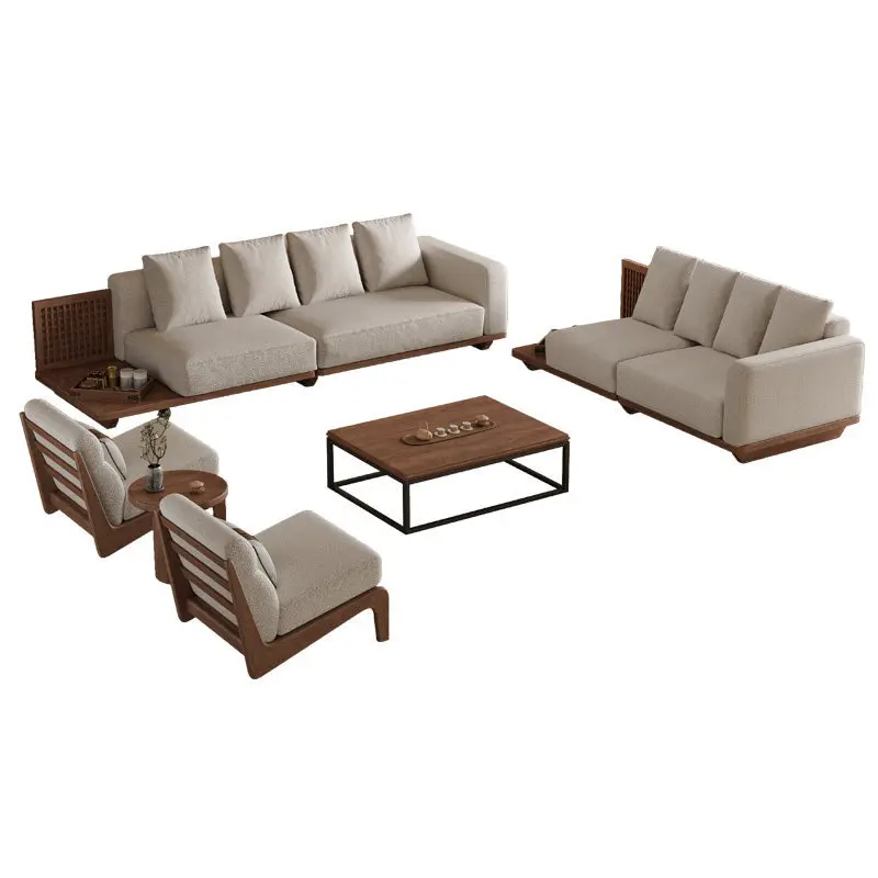 Solid wood sofa combination, new Chinese Zen straight row of three people, small apartment living room furniture