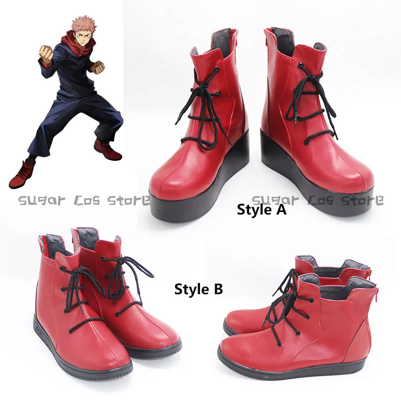 

Anime Itadori Yuji Cosplay Shoes Boots Two Style Red PU Leather Flat-bottomed Boots Halloween Christmas Party Prop For Women Men