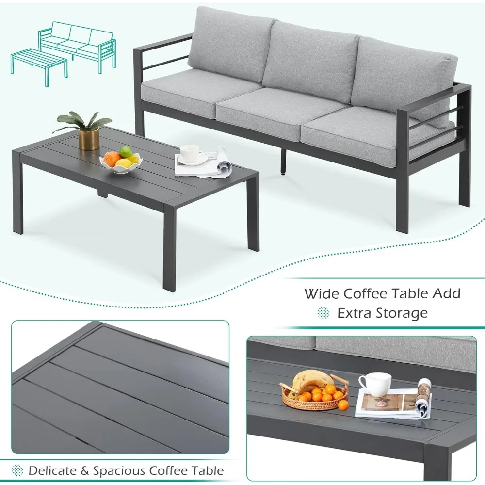 Juego de muebles de aluminio para Patio, mueble moderno de exterior con mesa de centro, juego de 7 con cojines grises, color gris claro