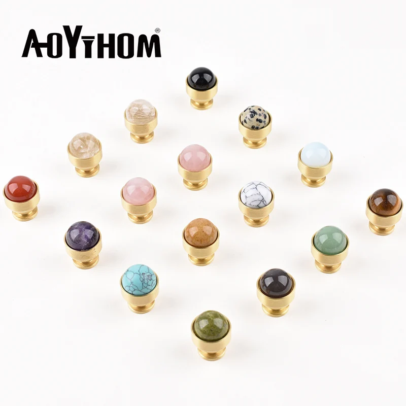 Natural Stone Round Door Knob Brass Gold Crystal Furniture Handles Shoe Cabinet Knobs Kitchen Cupboard Handle Drawer Pulls