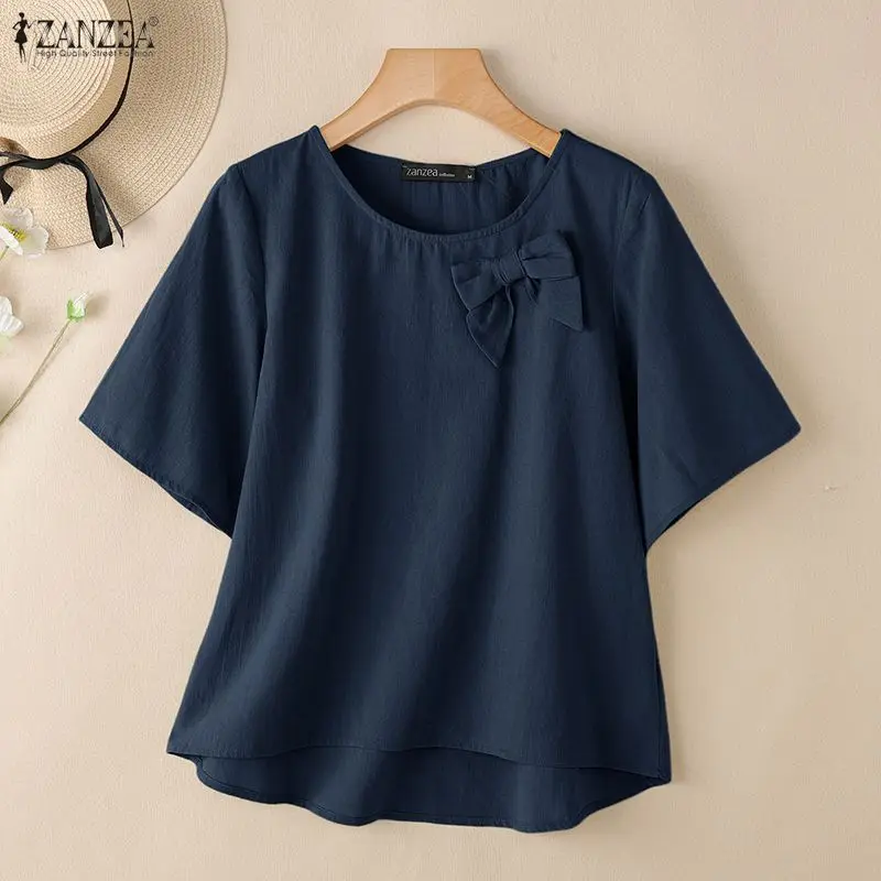 

ZANZEA Women's Casual Cotton Linen Blouses Summer 2026 Bow Detailed O-Neck Half Sleeve Solid Color High-Low Tops Woman Clothes