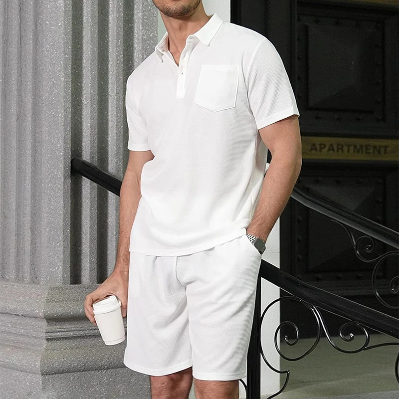 

Vintage Turn-down Collar Mens Polo Shirt Two Piece Suits Summer Short Sleeve Tops And Shorts Outfits Men Casual Pure Color Suits