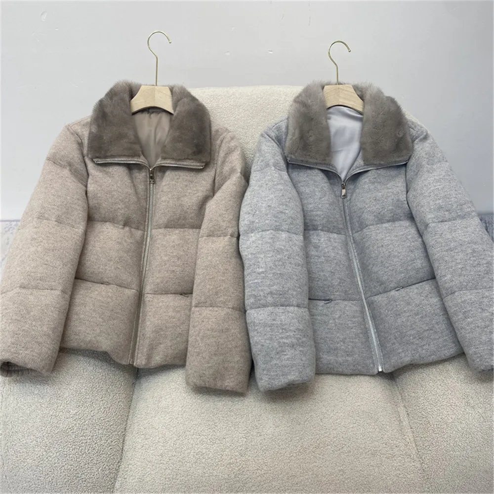 High Quality Women's Cashmere Wool Knitted Goose Down Jacket Winter Warm Mink Fur Collar Fur Coat