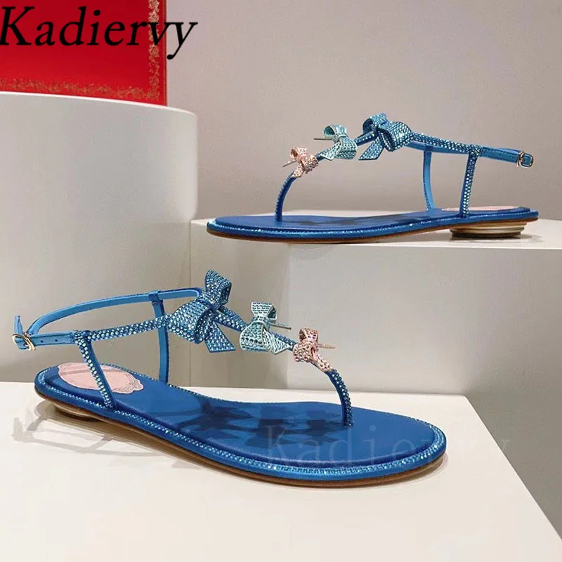 Sweet Butterfly-knot Sandals Women Rhinestone Ankle Buckle Strap Party Shoes Flip Flop Bling Crystal Flat Summer Sandals Woman