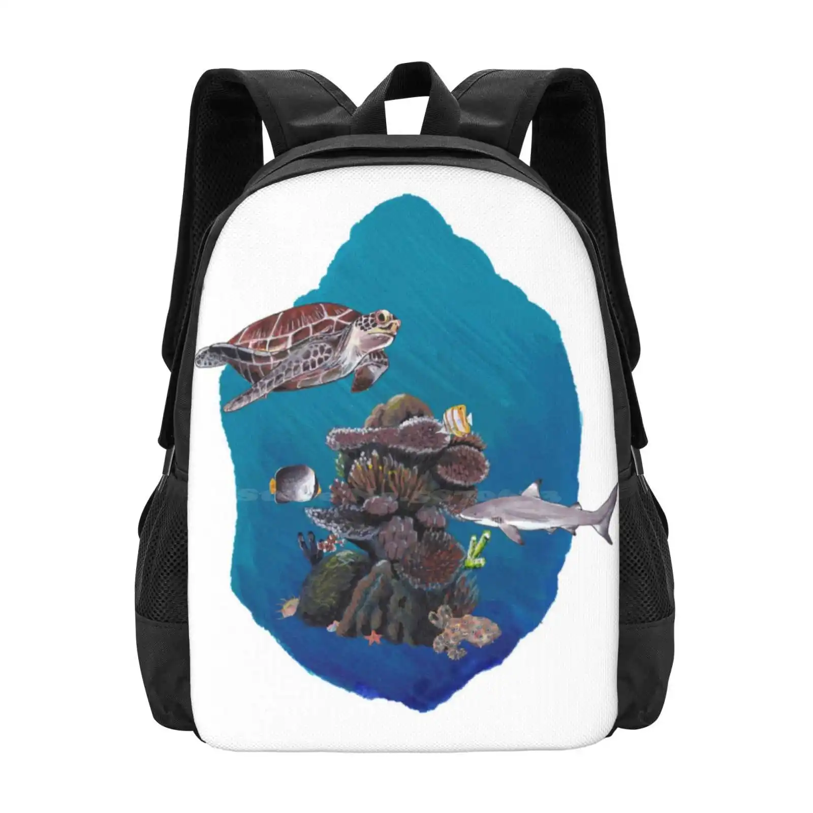 

Deep Blue Hot Sale Schoolbag Backpack Fashion Bags Butterflyfish Coral Ocean Wildlife Deep Nature Sponge Watercolour Color Sea