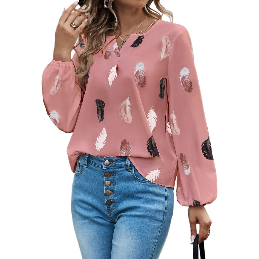 Fashion Woman Chiffon Blouse Female Long Sleeve Casual Shirts for Women Feather Pattern Tops Elegant Blusa Mujer Woman Clothes