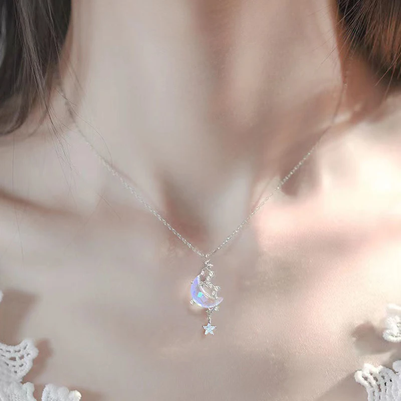 1PC Moon Star Necklace Clavicle Chain Temperament Celebrity Female Simple Moonstone Pendant Necklace Jewelry for Women