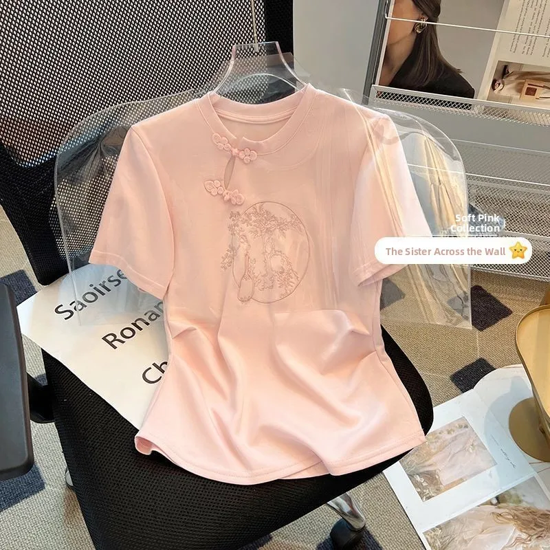 New Chinese Style Short Sleeve T-Shirt Women's Summer 2025 Embroidered Pleated Short Length Top Elegant Folk Fashion