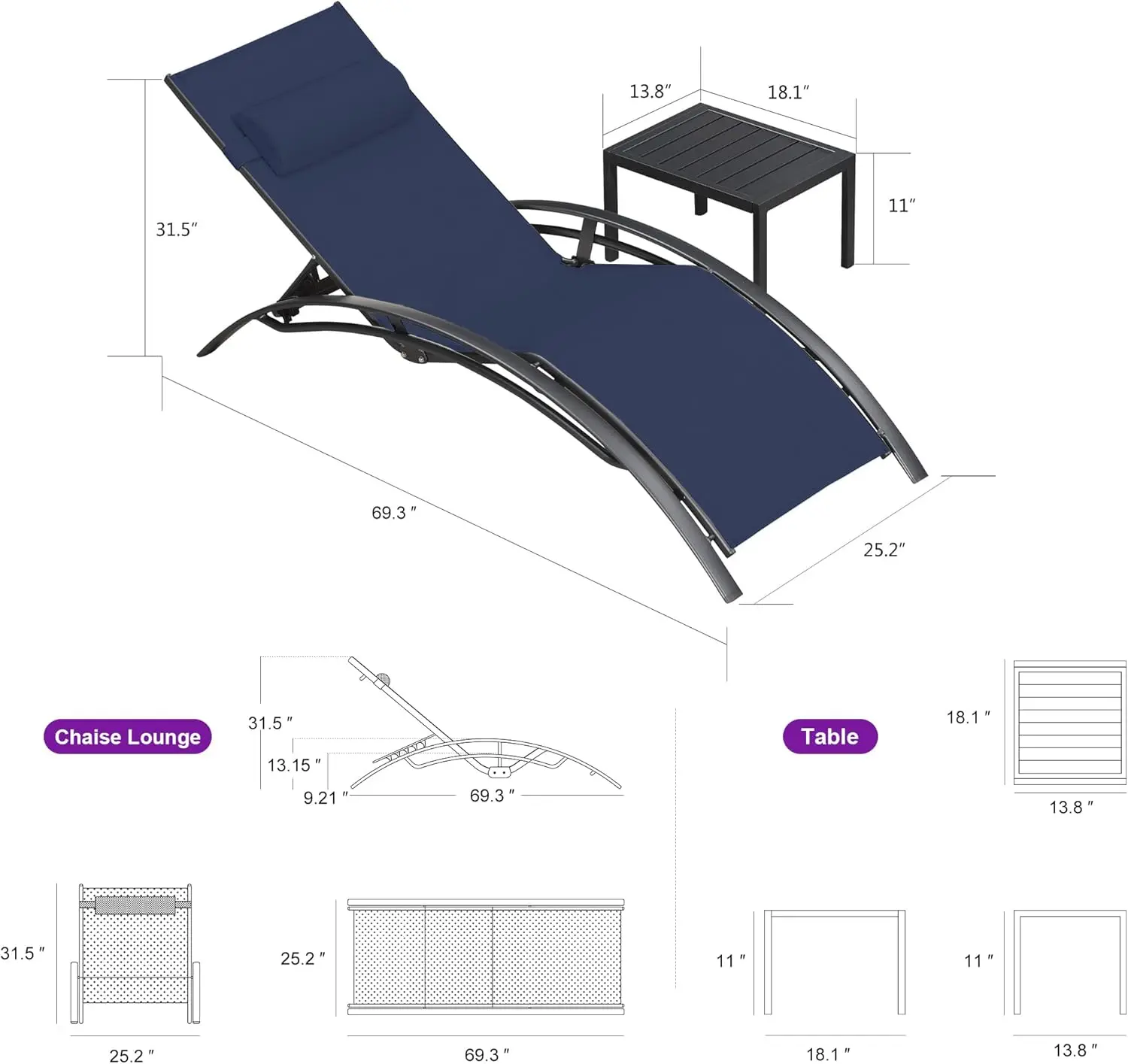 Chaise Lounge Set Outdoor Beach Pool Sunbathing Lawn Lounger Recliner Outside Tanning Chairs with Arm for All Weather Side Table