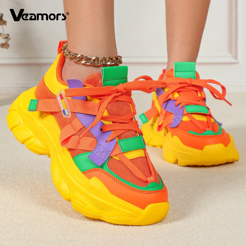 

Модные массивные кроссовки VEAMORS для женщин: повседневные кеды на платформе, дышащие сетчатые кроссовки для ходьбы, стильные кроссовки на платформе в стиле «папины туфли» на шнуровке