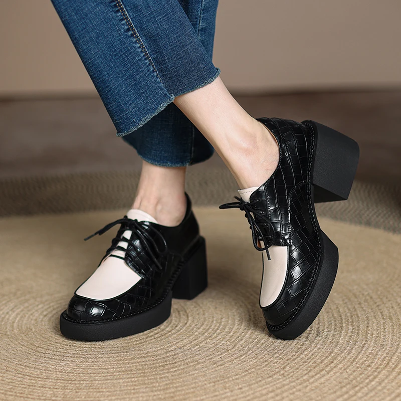 2024 New Spring Genuine Leather Women Shoes Casual Lace-up Loafers Round Toe Platform Shoes Shoes Woman Zapatos De Mujer Women