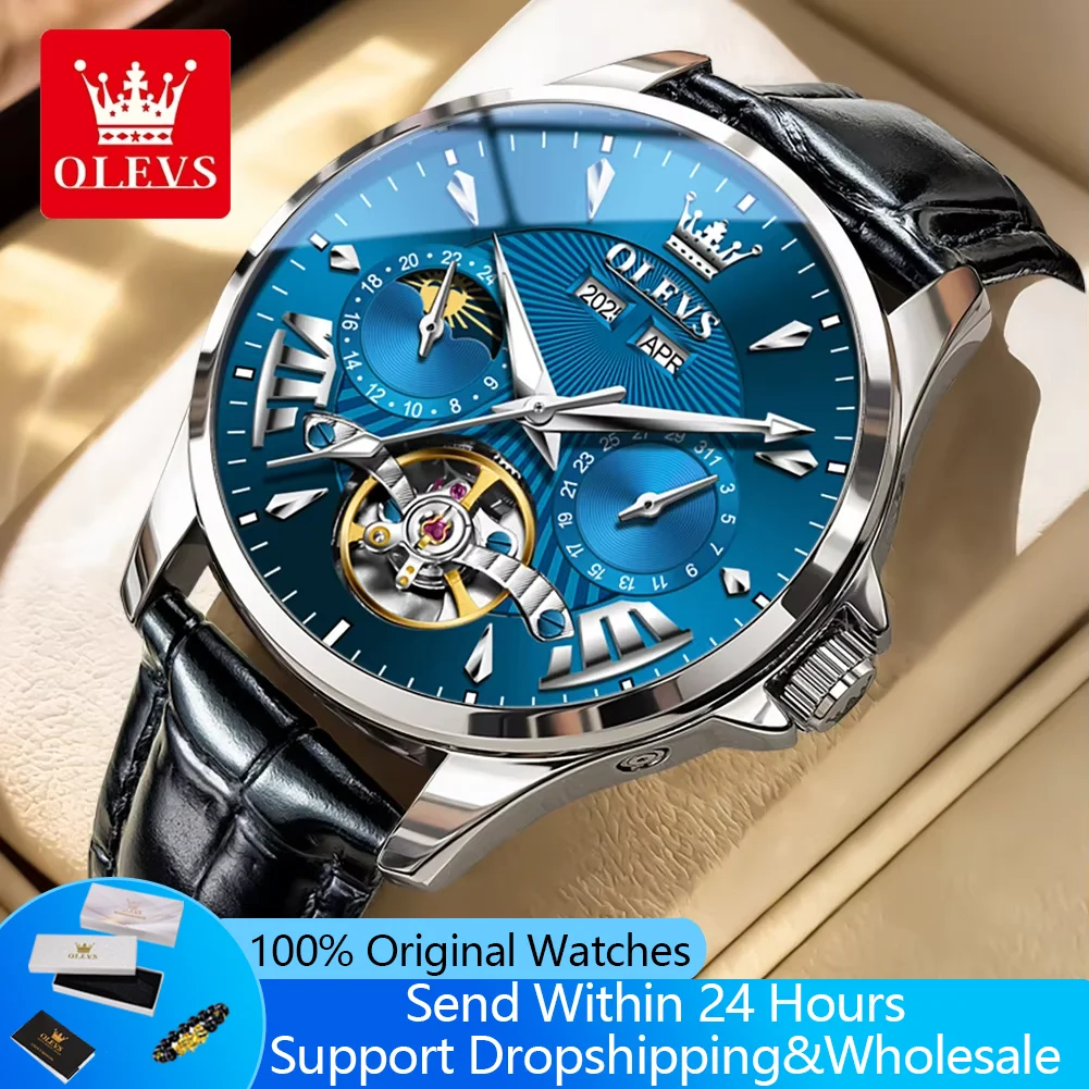 

OLEVS 7103 Automatic Men's Watches Exclusive Hollow Multi Function Mechanical Wristwatches Luminous Waterproof 24 Hrs Moon Phase