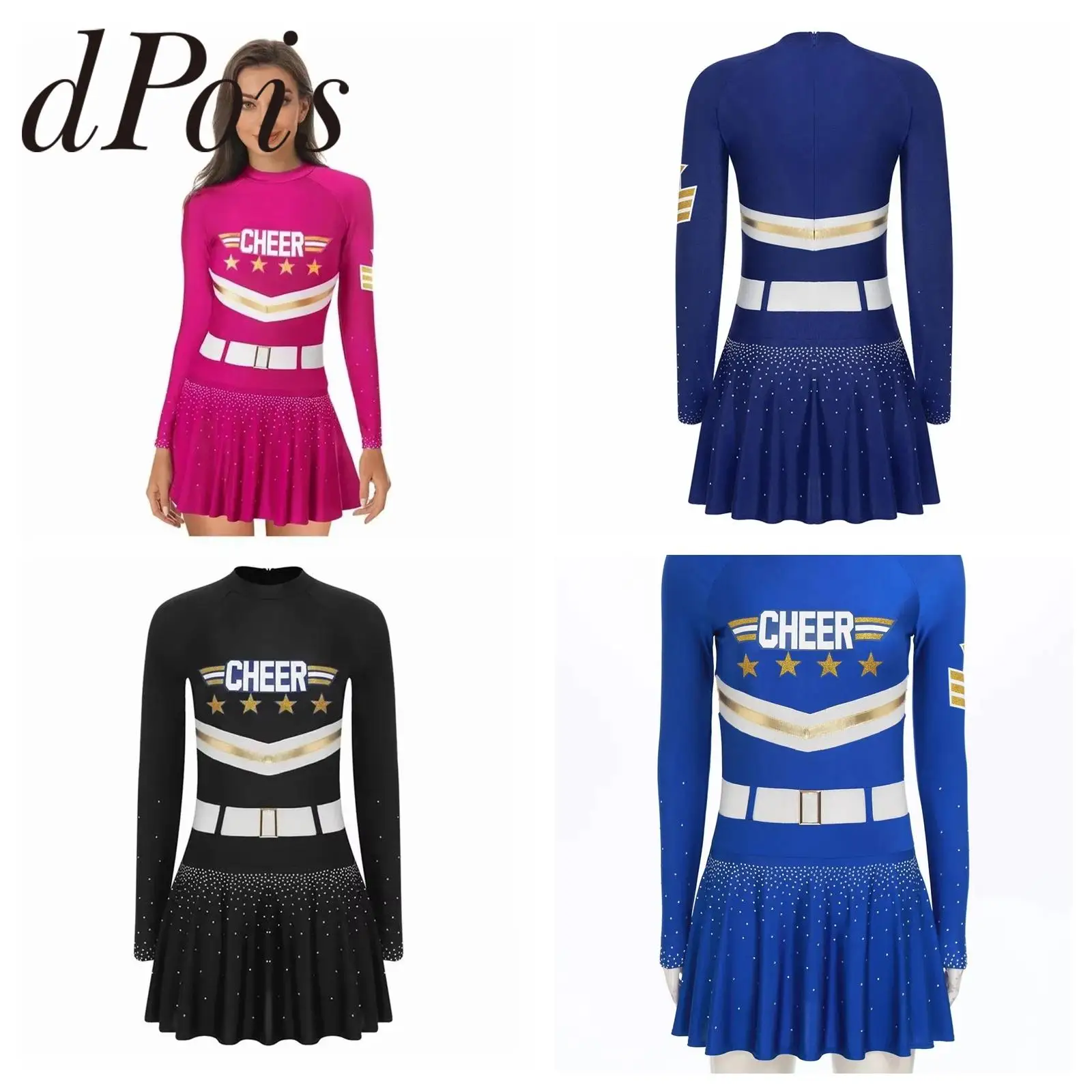 

Women Glittery Cheerlead Outfit Fashion Letter Star Stripe Printed Cheerleader Cheering Team Dress Cosplay Girls Uniform