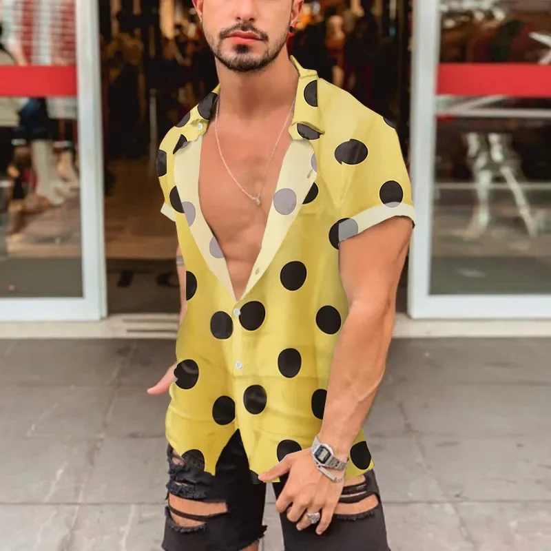 Summer New Fashion American European Men's Dot Printed Short Sleeve Turn-down Collar Loose Casual Trendy Shirts Male Clothes