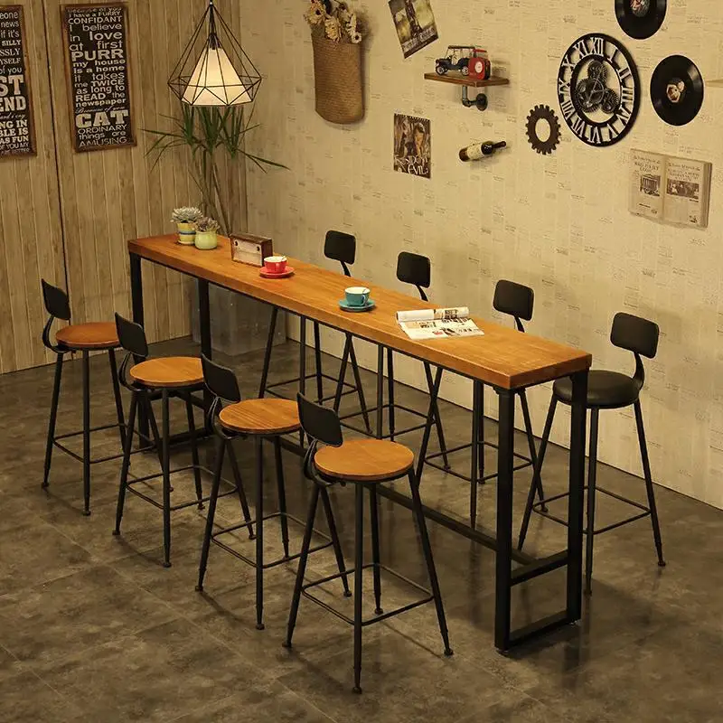 

American wrought iron solid wood home bar table and chairs milk tea shop wall long bar retro high