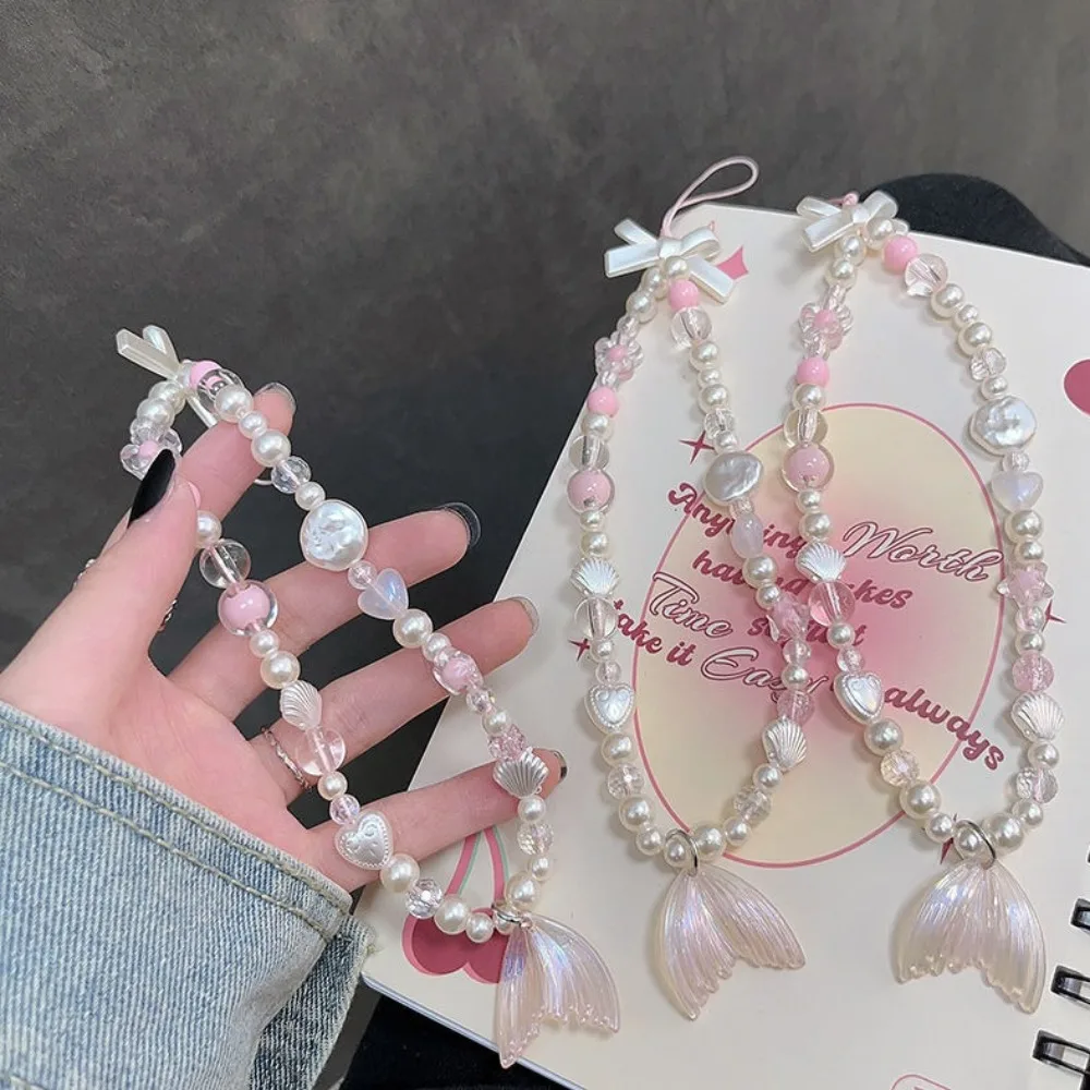 

Ремешок для телефона с защитой от потери ключей, короткий кулон на запястье, женская ручная цепочка, ремешок для мобильного телефона, розовый рыбий хвост, бусины, ремни для телефона