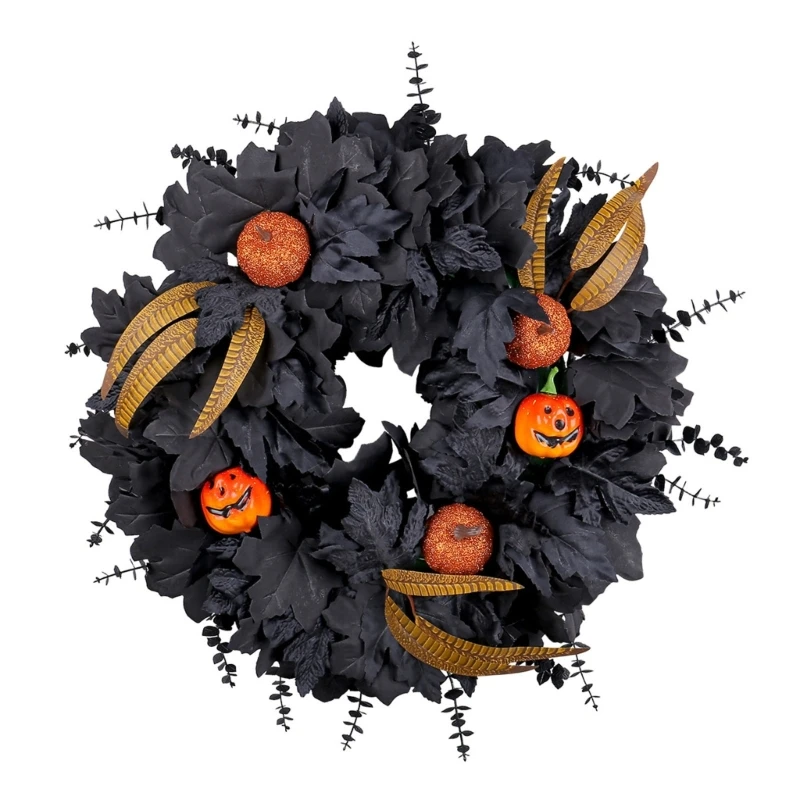 Halloween Front Door Decoration Black Maple Artificial Pumpkins Wreath Waterproof Indoor Outdoor Holiday Party 15UB