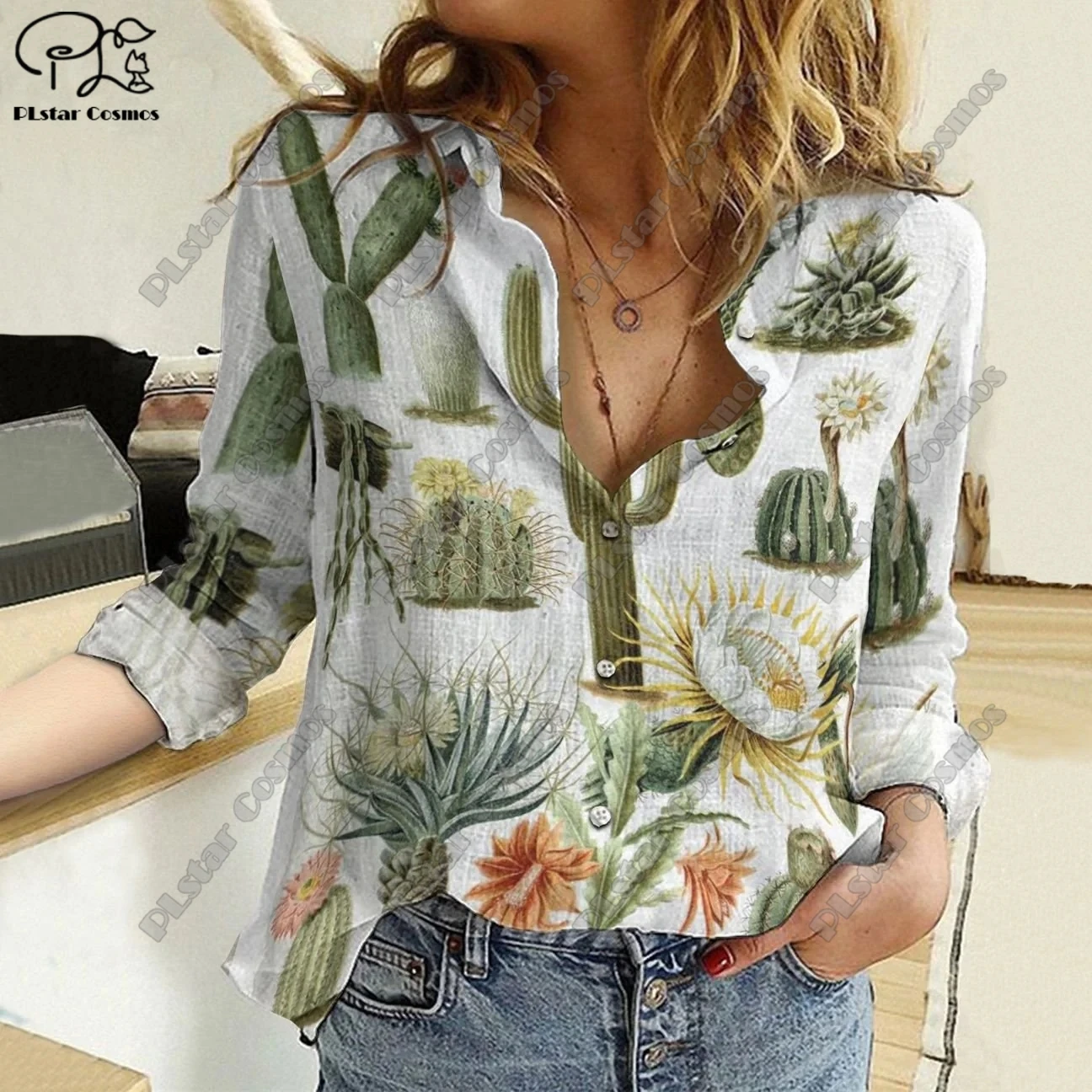 PLstar Cosmos 3D Printed Maple Leaf Cactus Collection Authentic Pattern Latest Casual Long Sleeve Shirt Unique Unisex Shirt