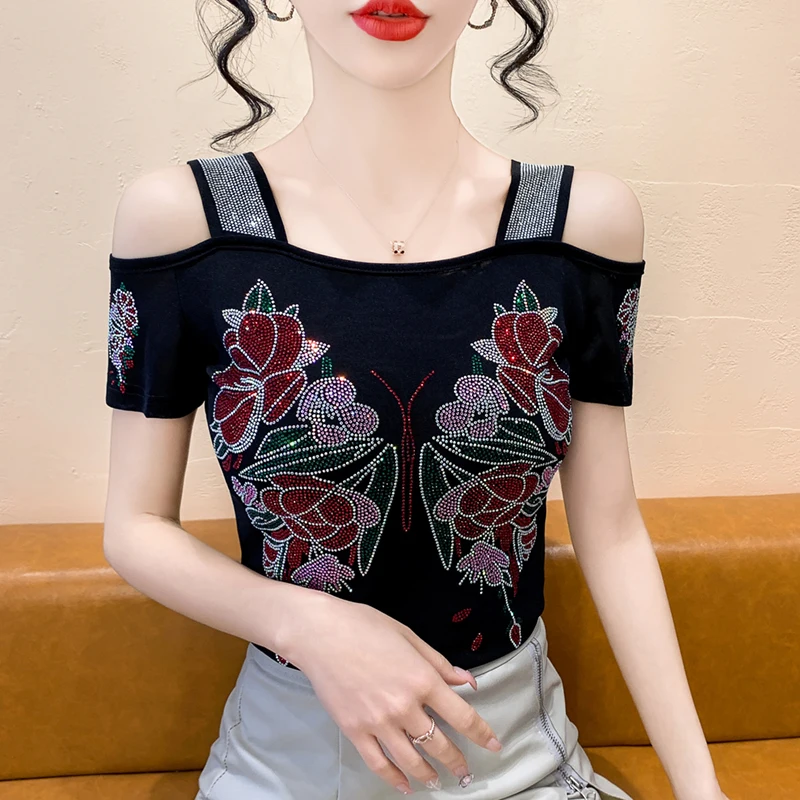 New Ladies Mesh T-Shirt Designer Butterfly Hot Diamonds Womens Tops Summer Sexy Off-Shoulder Tees Blouse Shirts Clothes