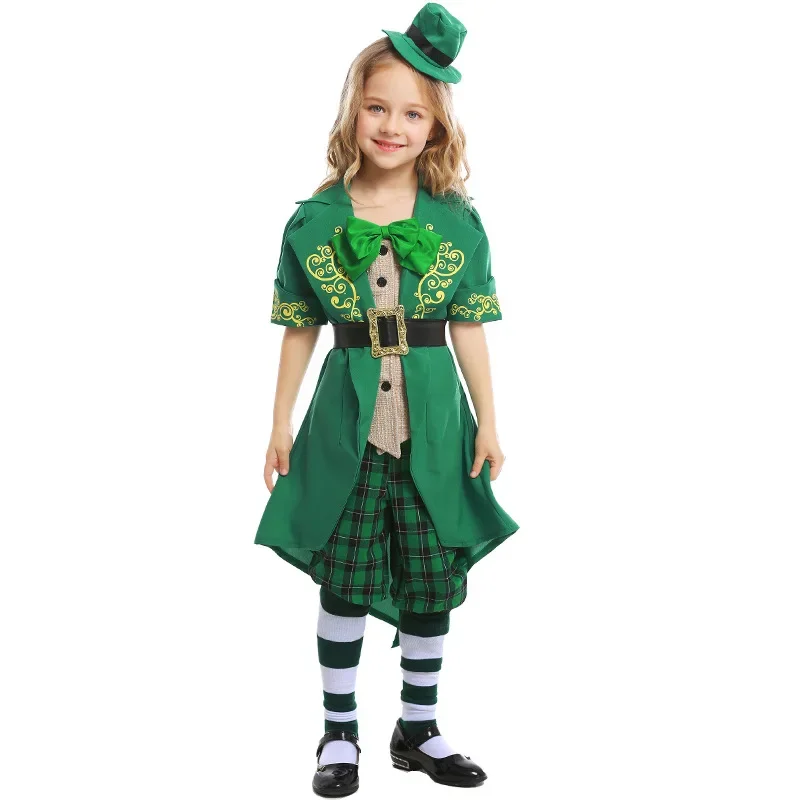 St.Patrick Day Toddler Outfit Green Suit Elf Dress Up Suit Girl Dwarf Cosplay Top Pants Hat Belt Ireland Festival Halloween