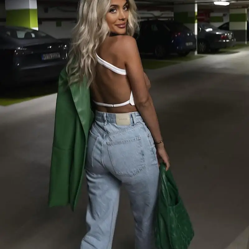 เสื้อครอปเอวสูงสำหรับผู้หญิงช่วงฤดูร้อน สไตล์เซ็กซี่ โชว์เอว สายเดี่ยว แฟชั่นผู้หญิง เซ็กซี่ ผ้าโพลีเอสเตอร์