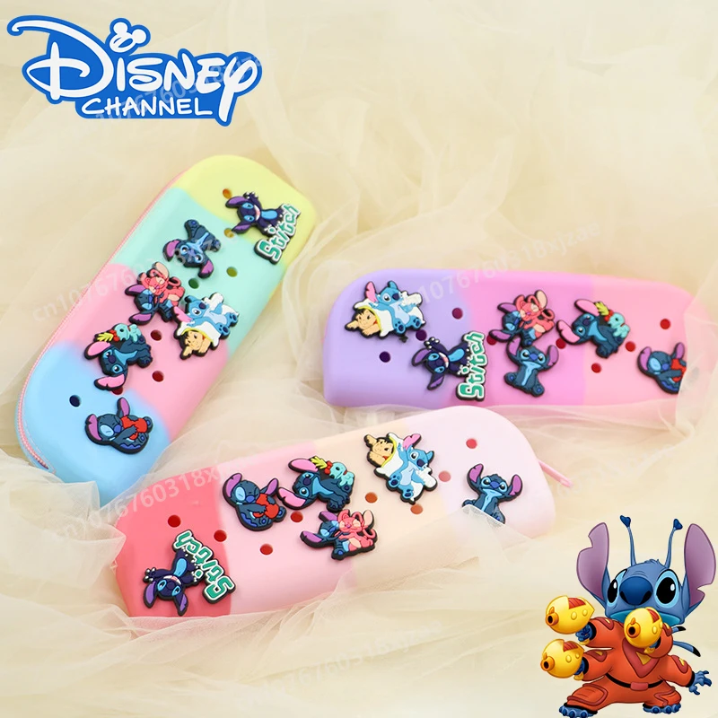 

2024 Disney Stitch Pen Bag Creative DIY Silicone Hole Cartoon Figure Student Stationery Bag Pencil Case School Supplies Gifts