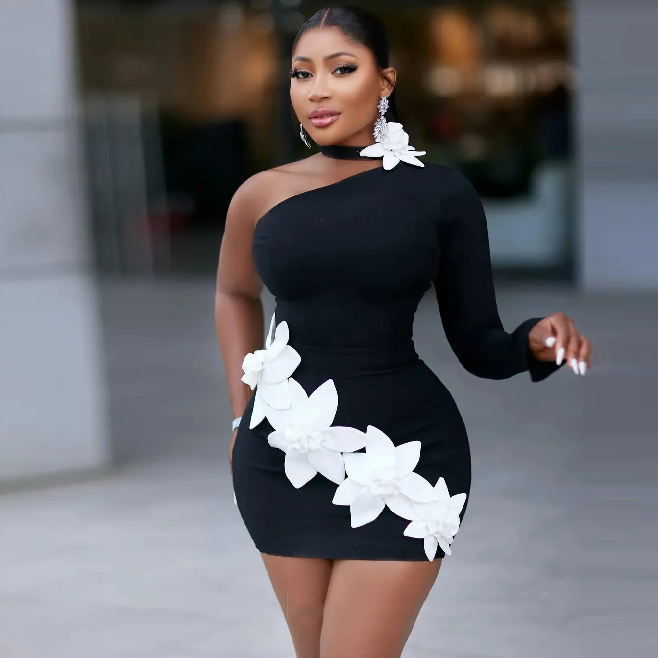 

Chic Mini Prom Dresses Full Sleeve Strechy Short Party Gowns Above Knee Length Black White Floral Dress Sheath One Shoulder