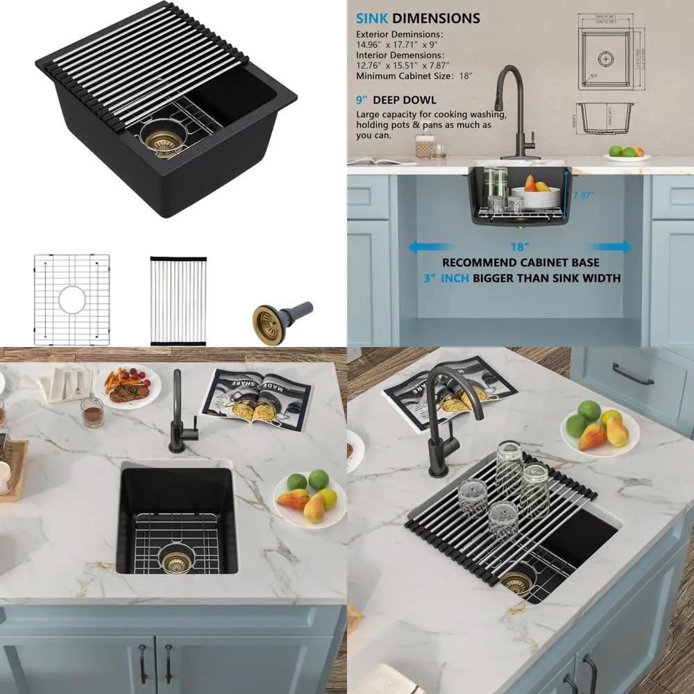 

Matte Black Granite Composite Undermount Single Bowl Bar Prep Sink for Wet Bar Counter, 15x18 Inch, Classic Style