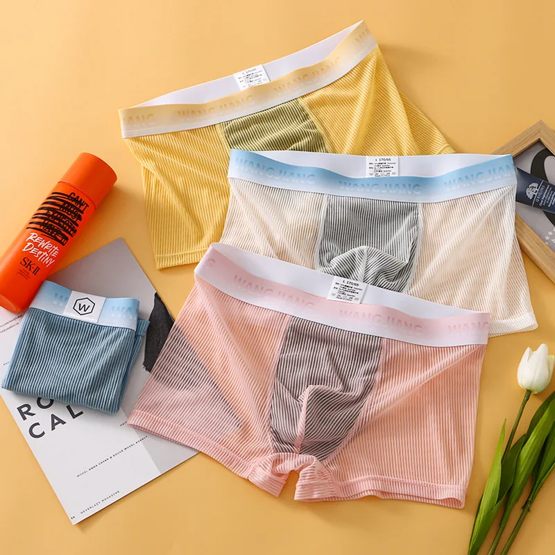 

Мужские трусы-боксеры из ледяного шелка в полоску, с графеновым вкладышем, антибактериальные, комфортные, легкие