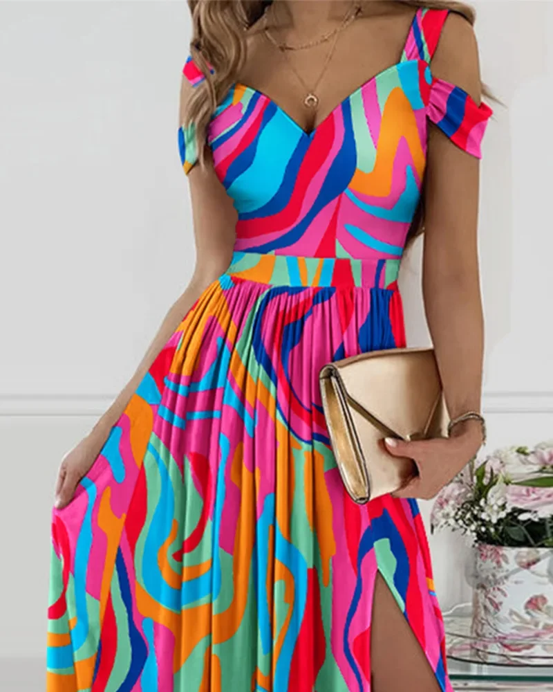 여성용 콘트라스트 컬러 패치워크 프린트 드로스트링 프린트 스플릿 롱 드레스