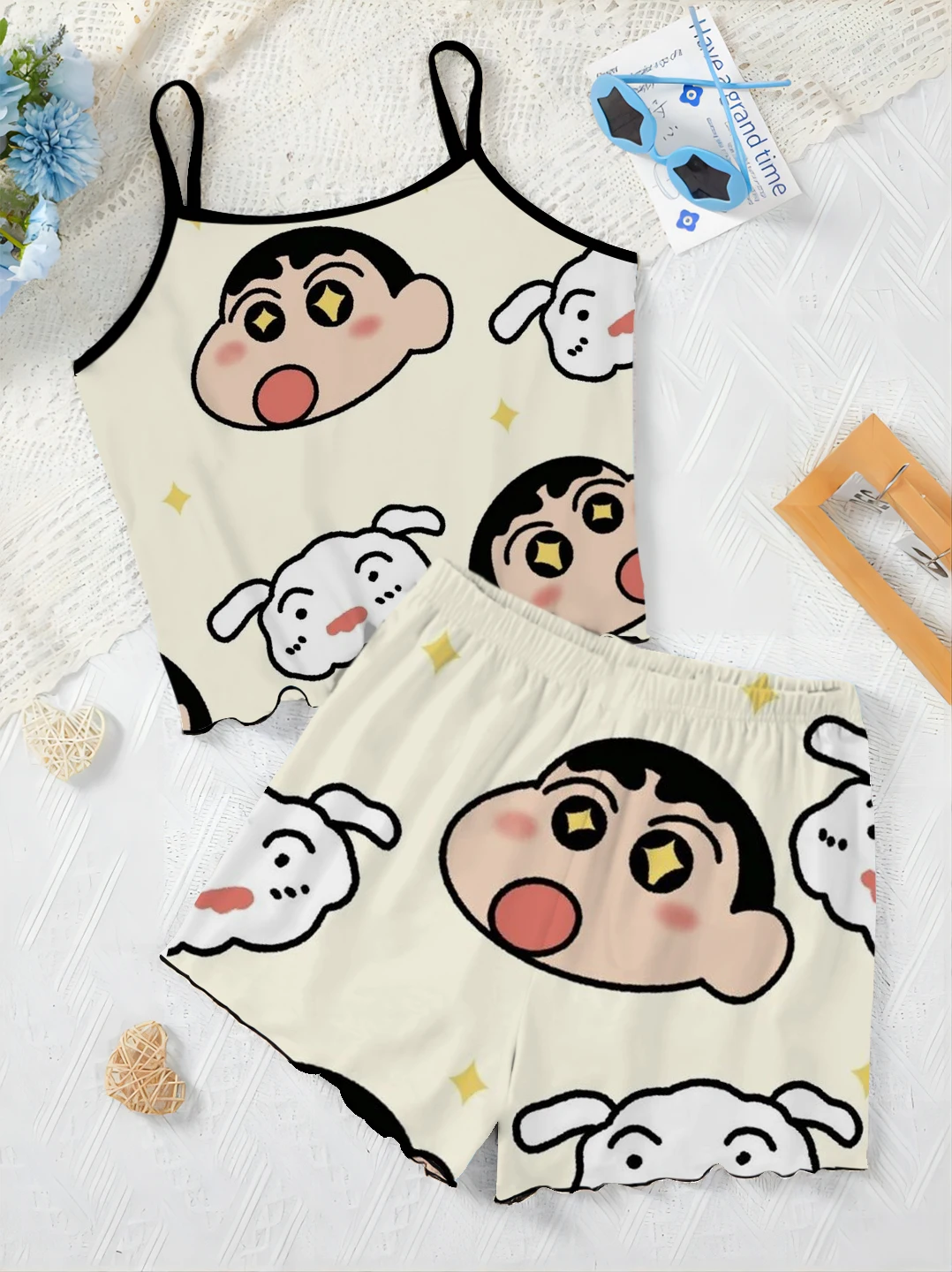 

Elegant Women's Sets Slip Dress Crayon Shin-chan Top Pajama Skirt Lettuce Trim Satin Surface T-shirt Pieces Short Suit Home Top