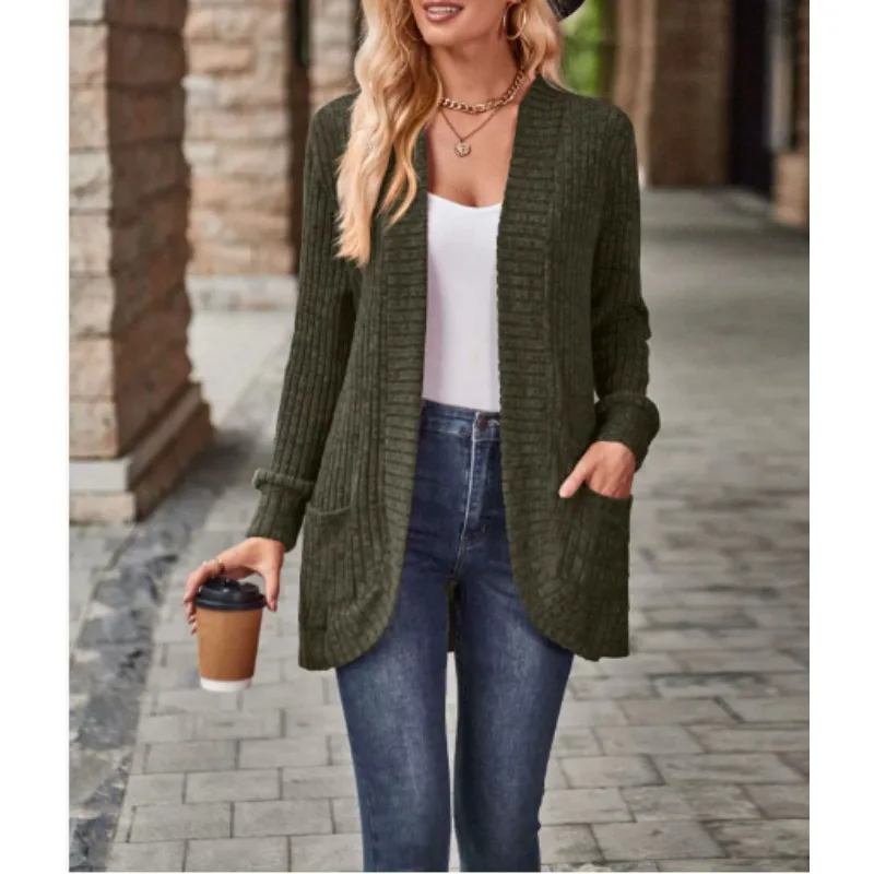 Feminino oco para fora frente aberta cardigan com bolsos solto moda casual frente aberta manga longa casaco grosso