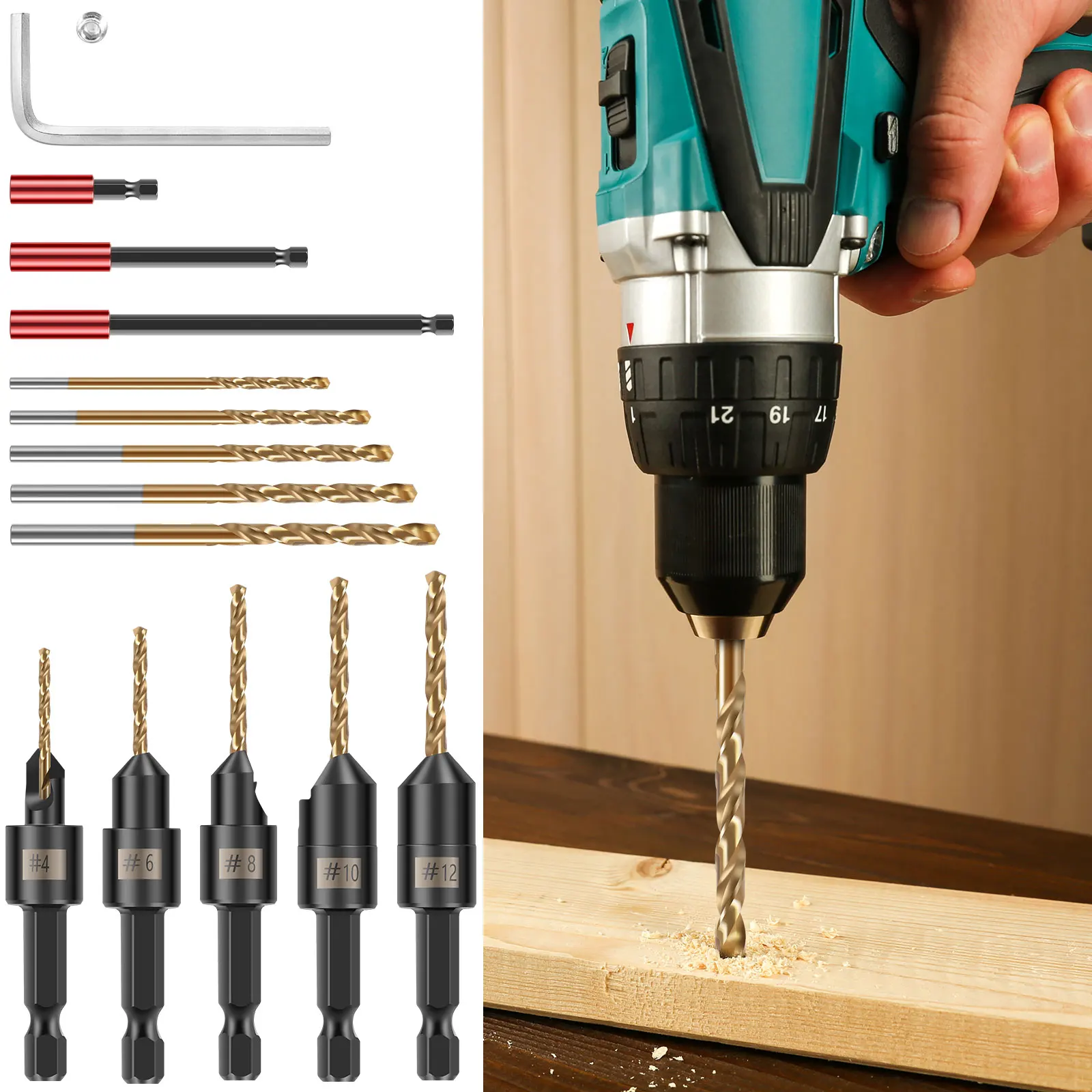 

Набор сверл с зенковкой, 15 шт. # 4 # 6 # 8 # 10 # Набор сверл по дереву из высокоскоростной стали с шестигранным хвостовиком 1/4 дюйма для мягкой и твердой древесины