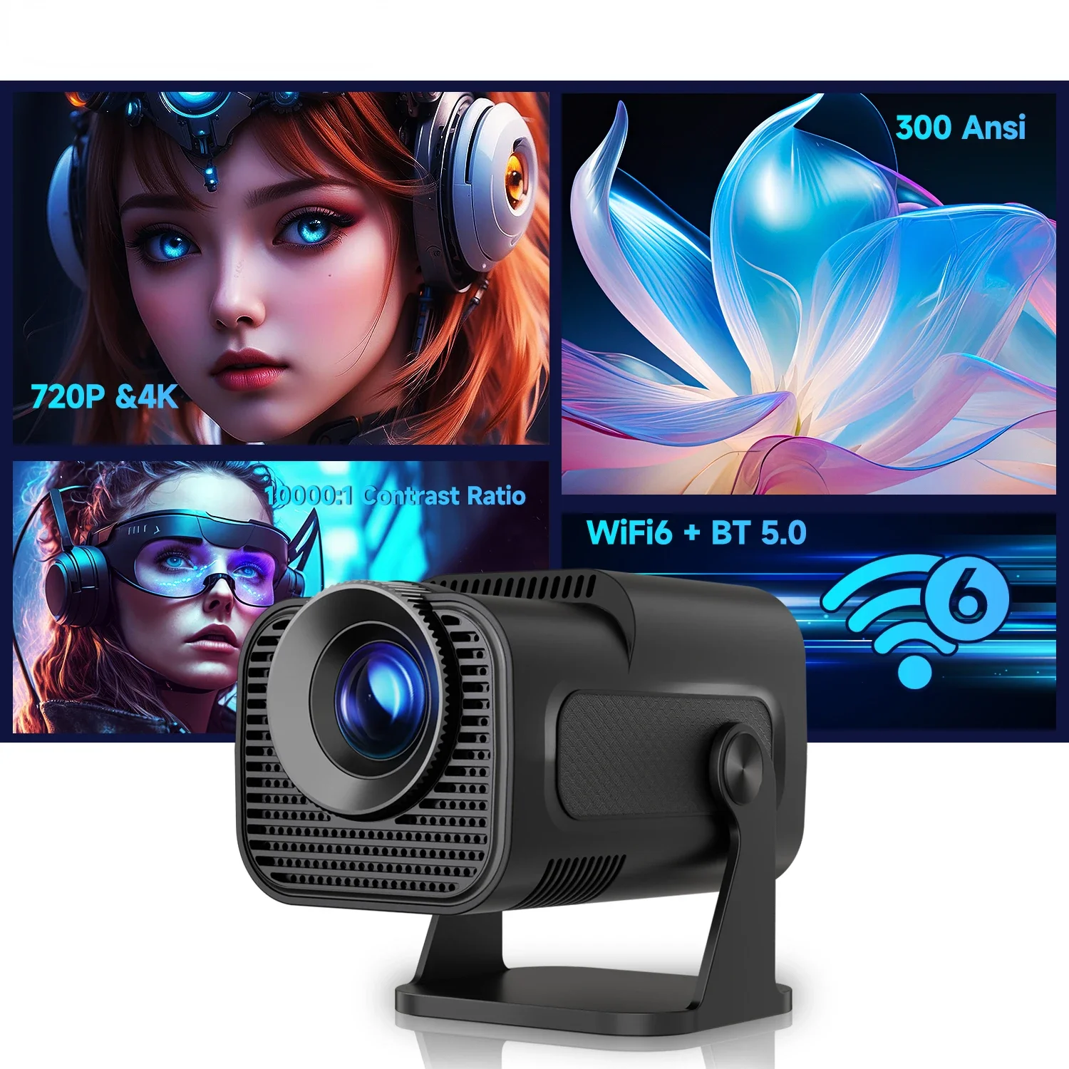 HY320 Mini Newly Native 720P Android 11 4K Projector 300ANSI Wifi6 BT5.0 Cinema Outdoor Portable 180° Rotable Projector