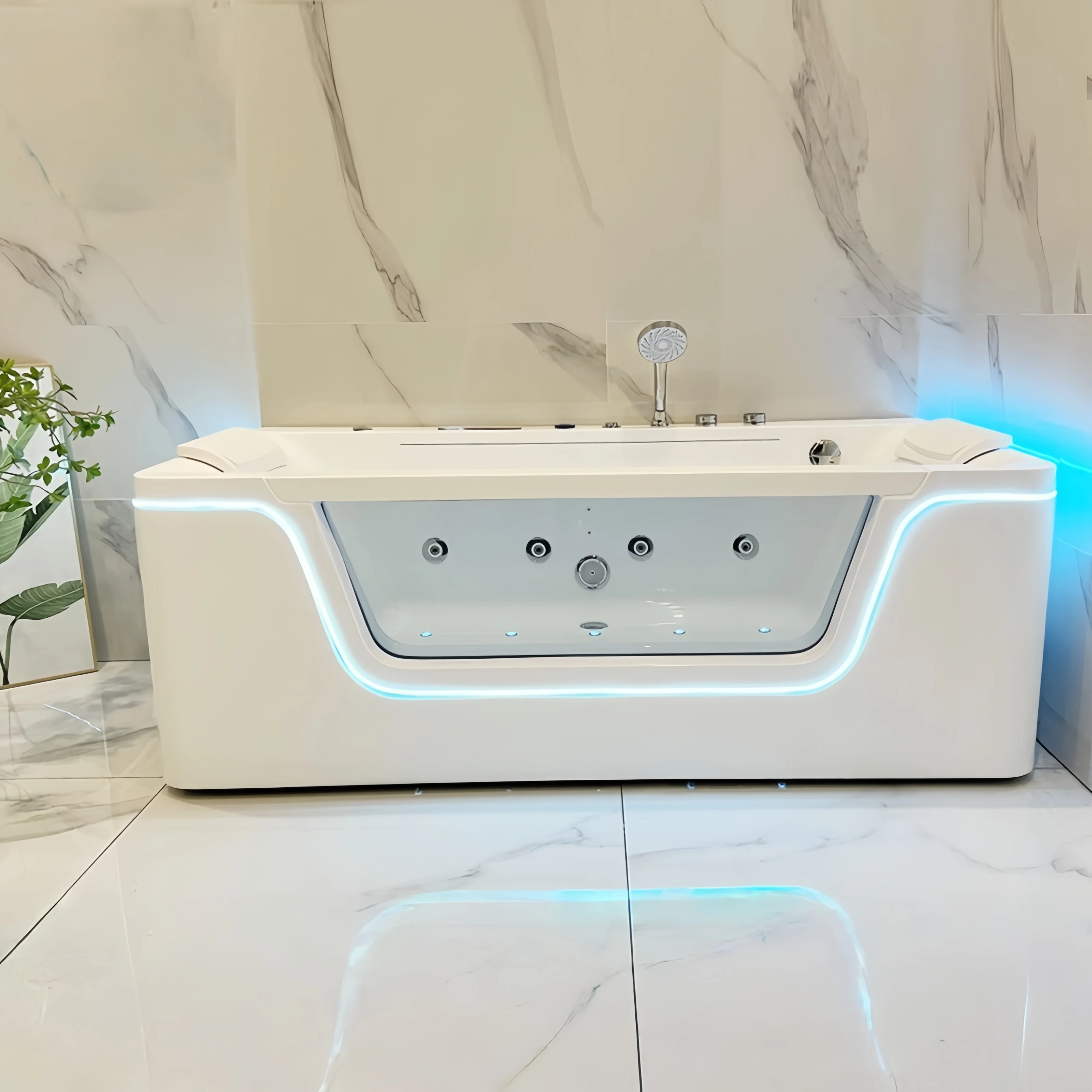 Luxury Design Free Standing Indoor Acrylic Hydromassage Bathtub Whirlpool Massage LED-lit Waterfall Effect Deep Soaking Hotel
