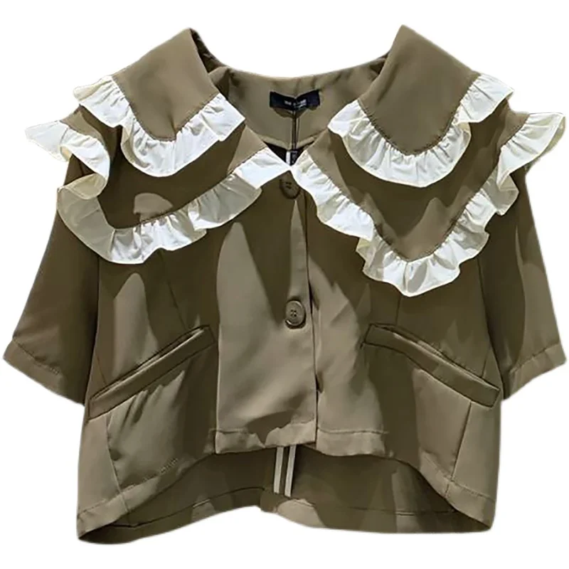 Double Peter Pan Collar Ruffles Shirts Women Patchwork Short Sleeve Preppy Students Crop Tops Single-breasted Vintage French Ins